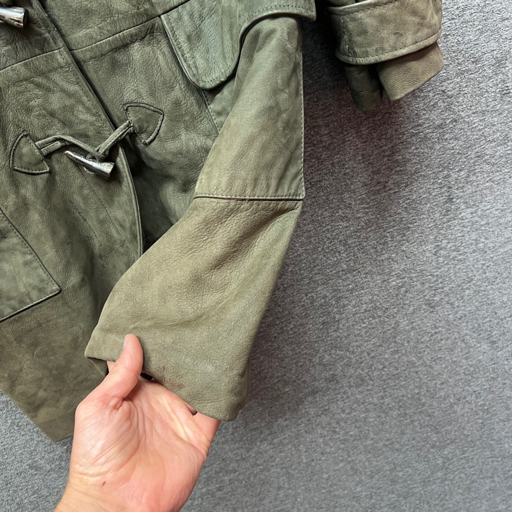 Vintage Burberry Suede Leather Duffle Toggle Coat Olive Green Jacket Womens - Picture 7 of 16